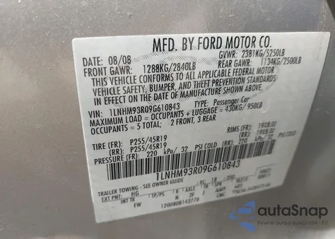 2009 Lincoln Mks from USA, damaged, VIN 1LNHM93R09G610843